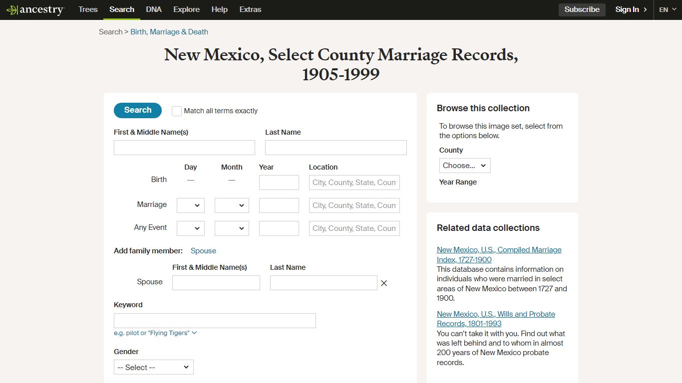New Mexico, Select County Marriage Records, 1905-1999